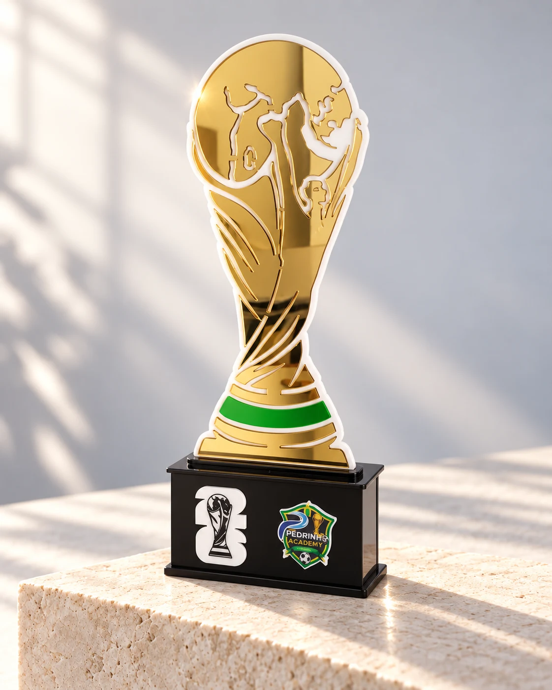 Troféu de futebol dourado com faixa verde e base preta da Pedrinho Academy, sobre pedestal de pedra